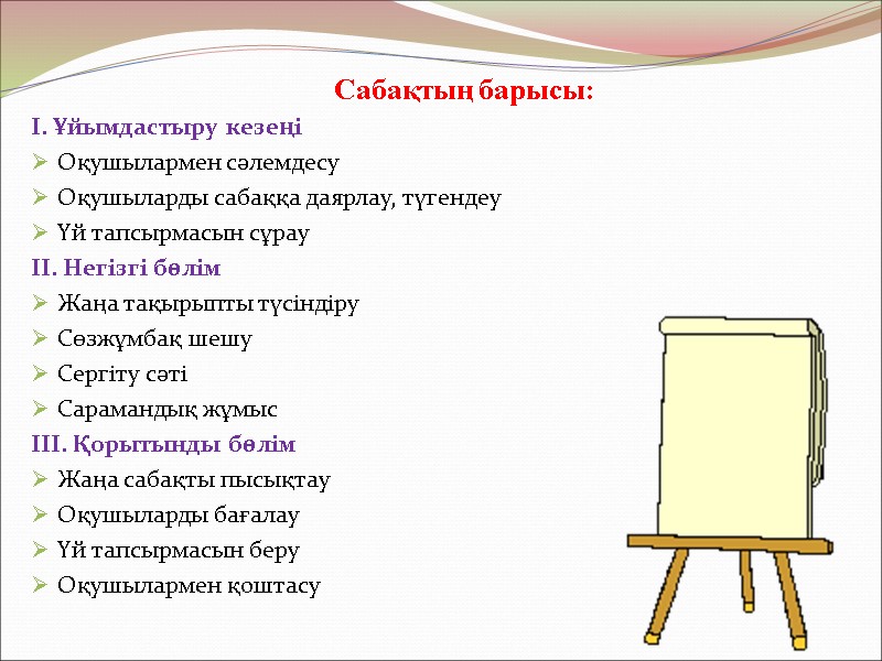 Сабақтың барысы: І. Ұйымдастыру кезеңі Оқушылармен сәлемдесу Оқушыларды сабаққа даярлау, түгендеу Үй тапсырмасын сұрау